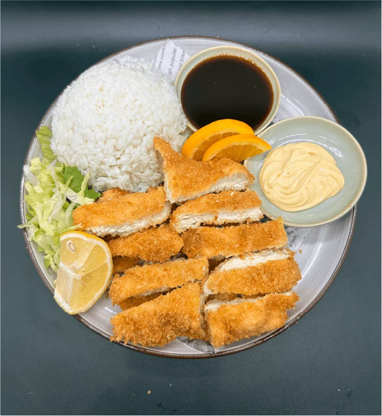 Chicken katsu entrée with white rice, salad and dipping sauces at Mahzu East Windsor