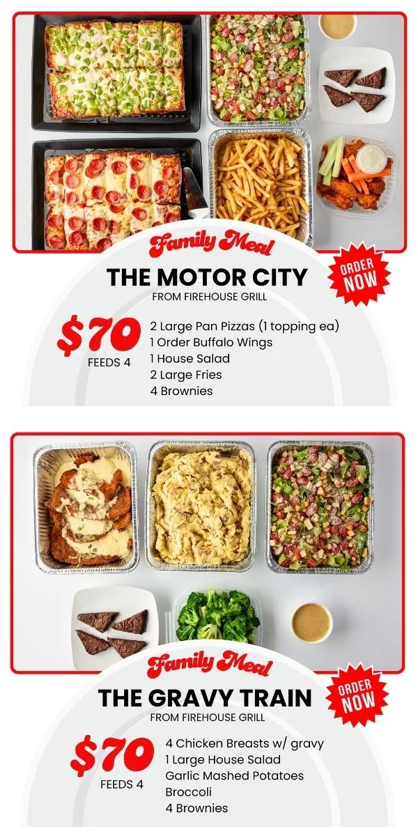 Family meal featuring large pizzas and chicken dishes from Firehouse Grill