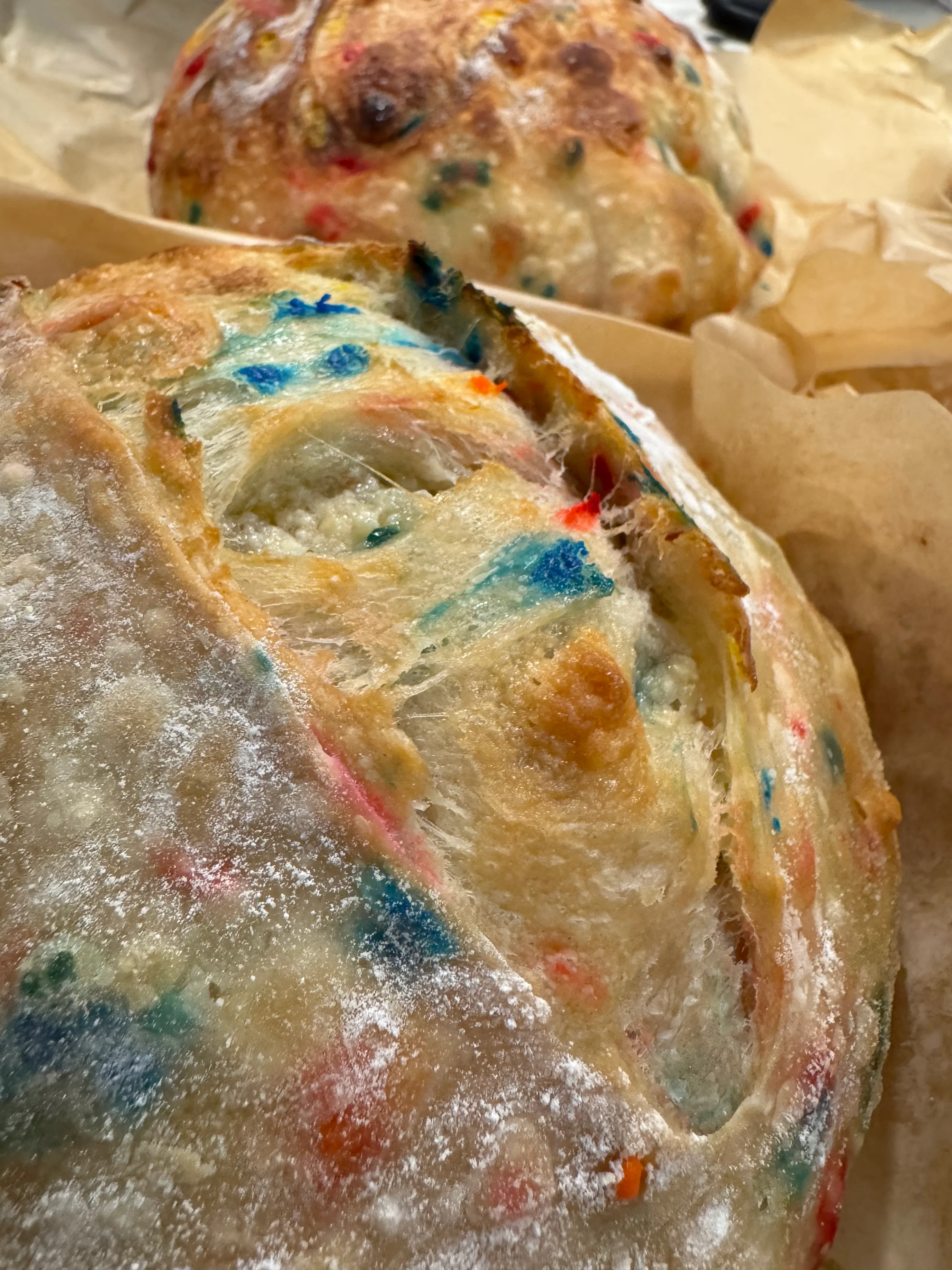 Colorful funfetti bread fresh from the oven