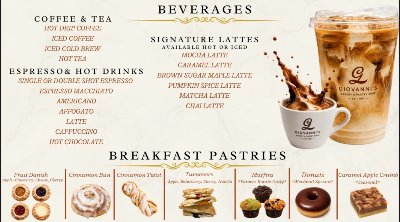 Beverage and pastry menu from Giovanni's Bakery and Pastry Shop