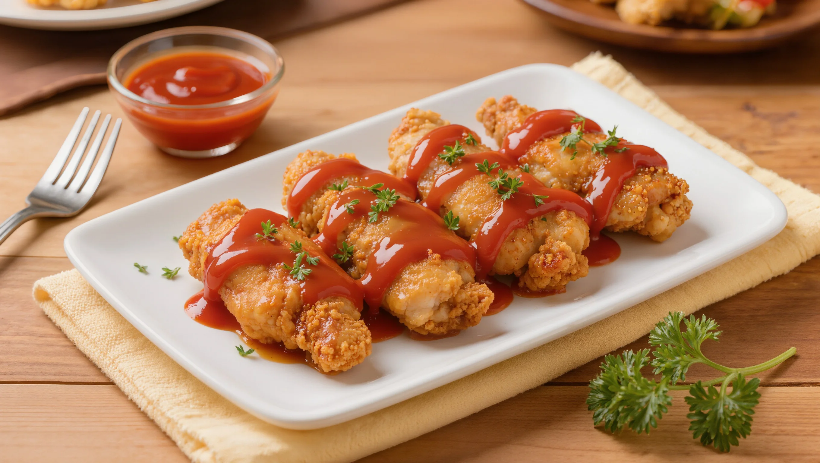 Eight crispy chicken tenders served with dipping sauce.