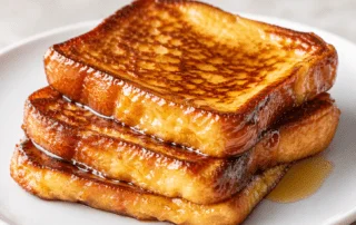 Three thick slices of golden-brown French toast stacked on a plate, drizzled with syrup, showcasing a crispy texture.