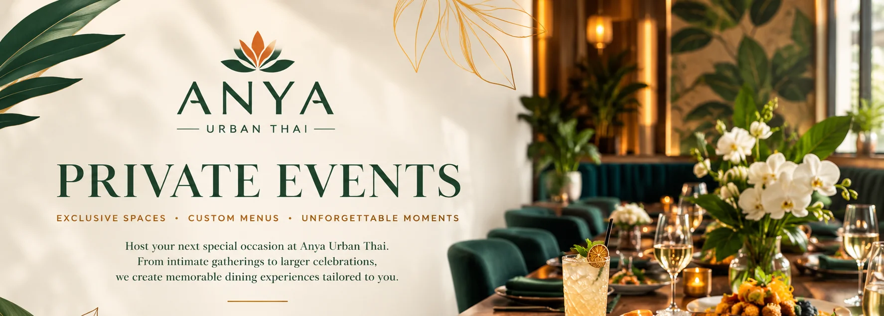 Thai restaurant private events dining room with elegant food and cocktails