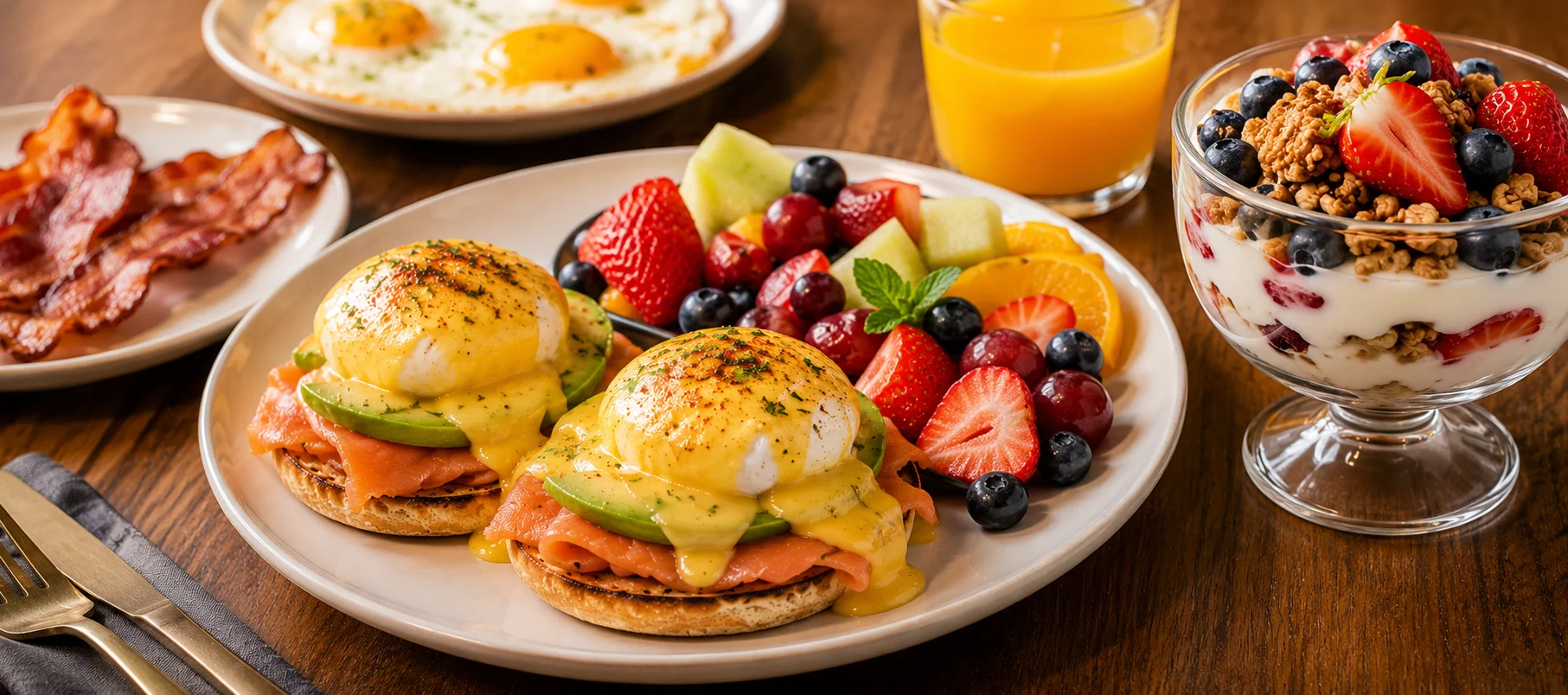 Delicious breakfast spread with eggs benedict, fruit, yogurt, and juice.