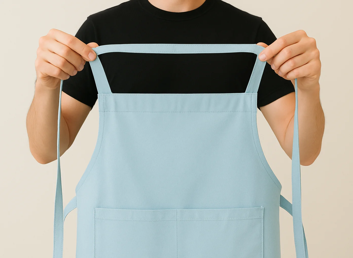 Person holding a light blue apron ready for cooking