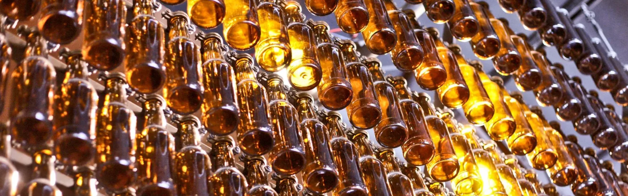 Artistic display of amber glass bottles illuminated from behind