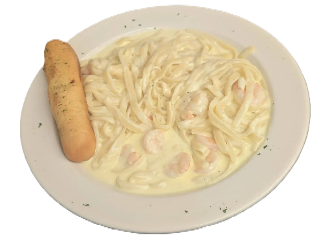 Creamy shrimp fettuccine Alfredo with garlic bread