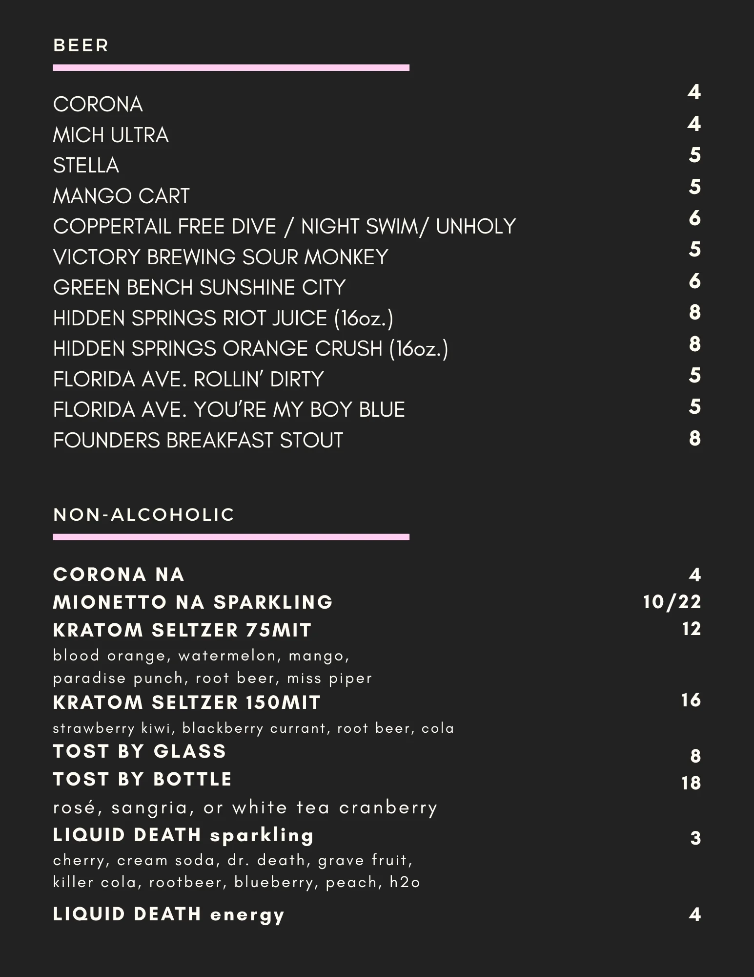 Craft beer menu featuring a variety of local and imported selections