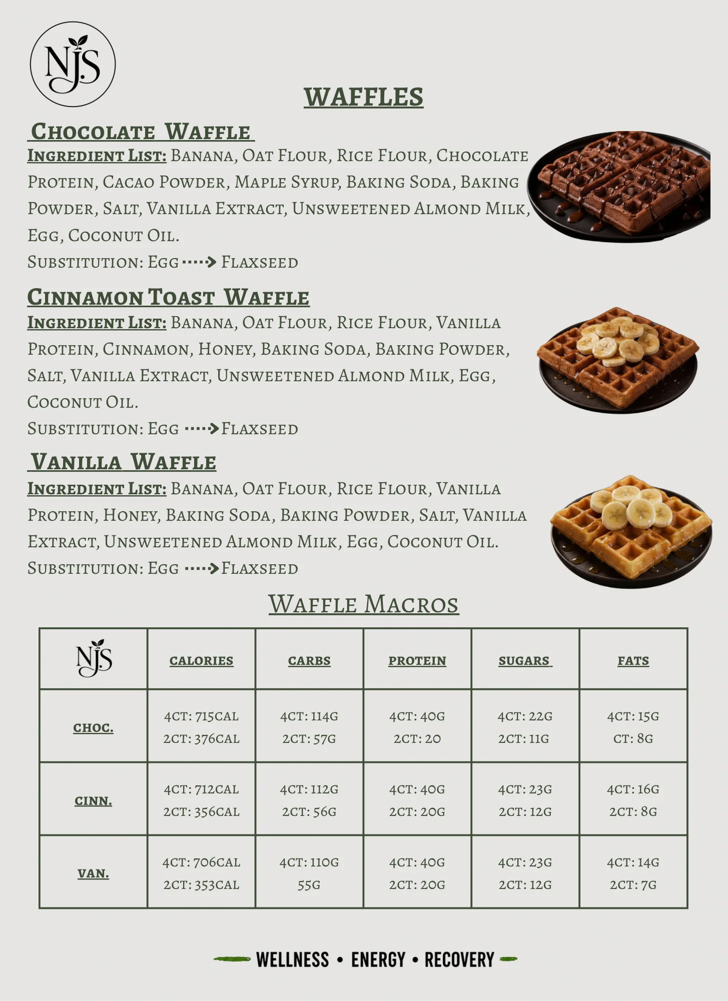 A detailed list of different waffle recipes, including ingredient lists and nutritional information for chocolate, cinnamon toast, and vanilla waffles.
