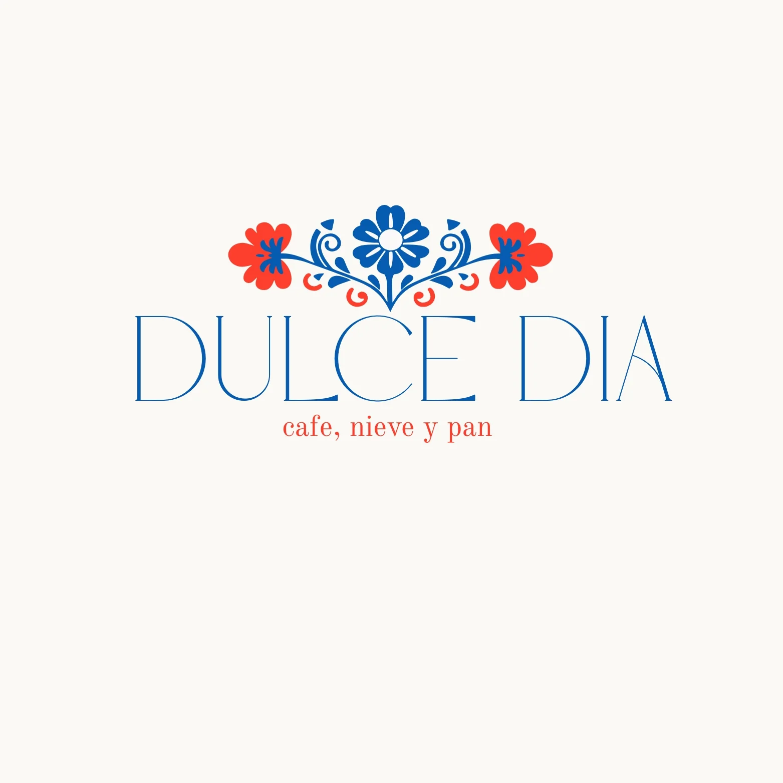 A decorative logo featuring stylized floral elements in red and blue. The text reads 'Dulce Dia' along with a tagline about cafe, ice cream, and bread.