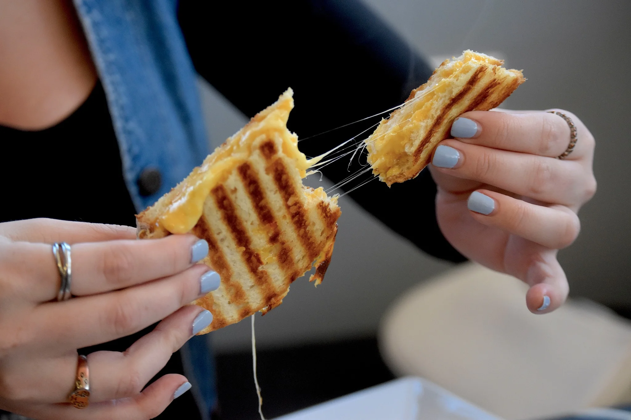 Grilled cheese sandwich with gooey melted cheese