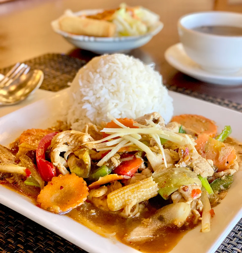 Thai stir-fried chicken with vegetables and jasmine rice