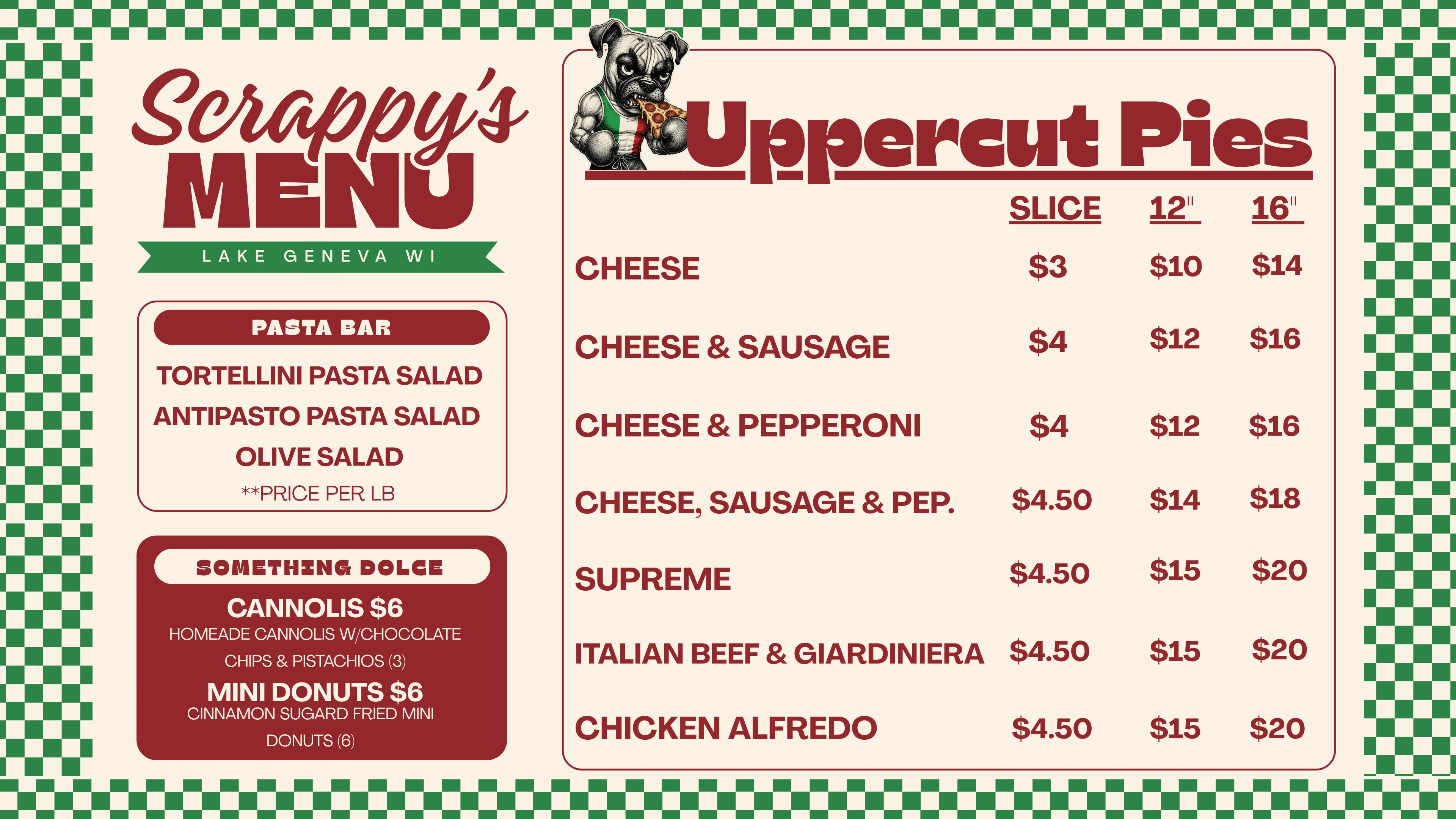 Scrappy's menu featuring various pizzas and pasta salads