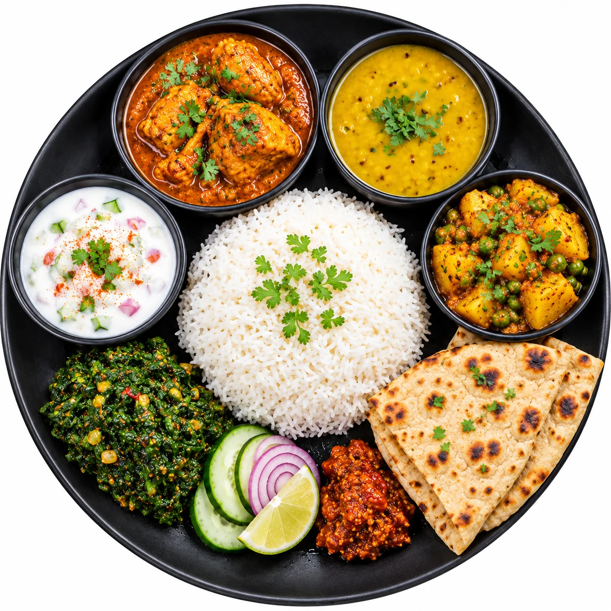Indian thali with basmati rice, curries, naan, raita, and chutney