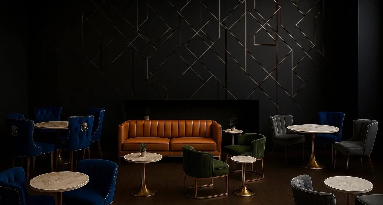 Stylish restaurant interior with modern seating and geometric wall design