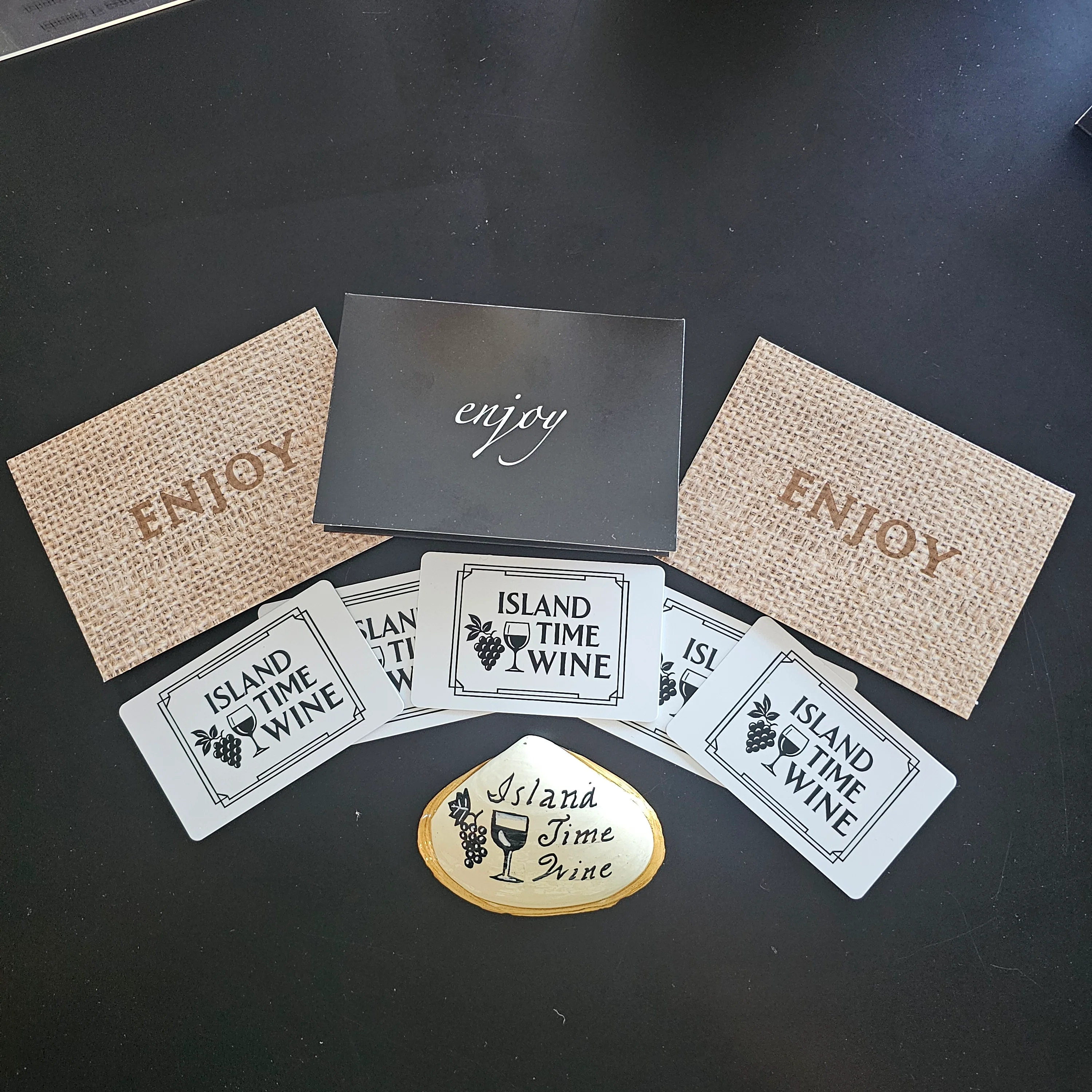Wine tasting setup with cards and decorative elements at a winery