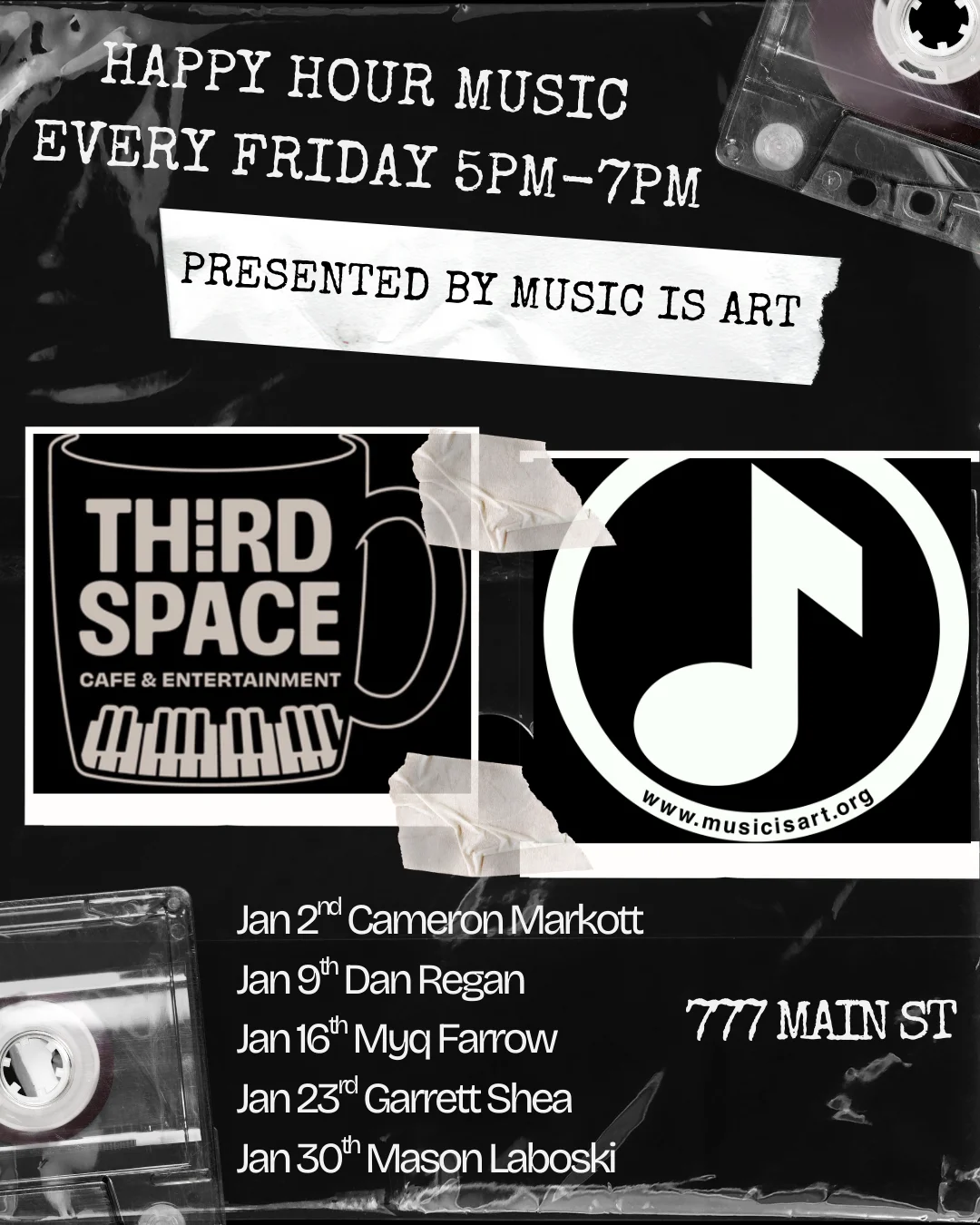 Happy hour music event poster at Third Space Cafe