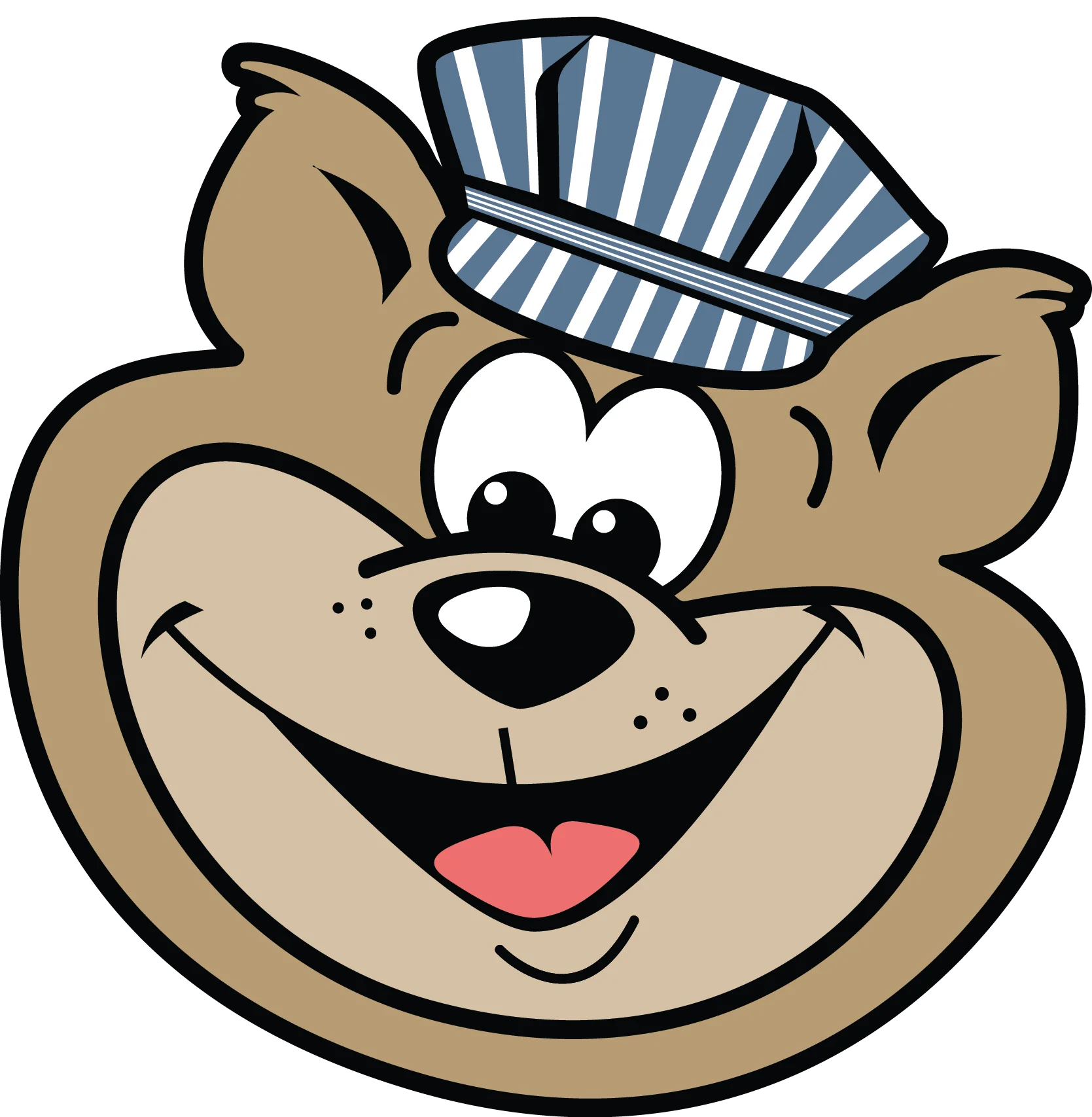 Cartoon bear character with a cheerful expression and striped hat
