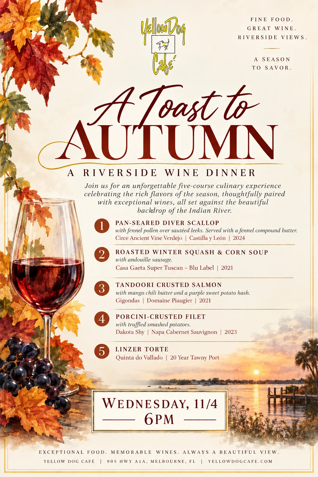Elegant autumn wine dinner invitation featuring fine dining and seasonal dishes