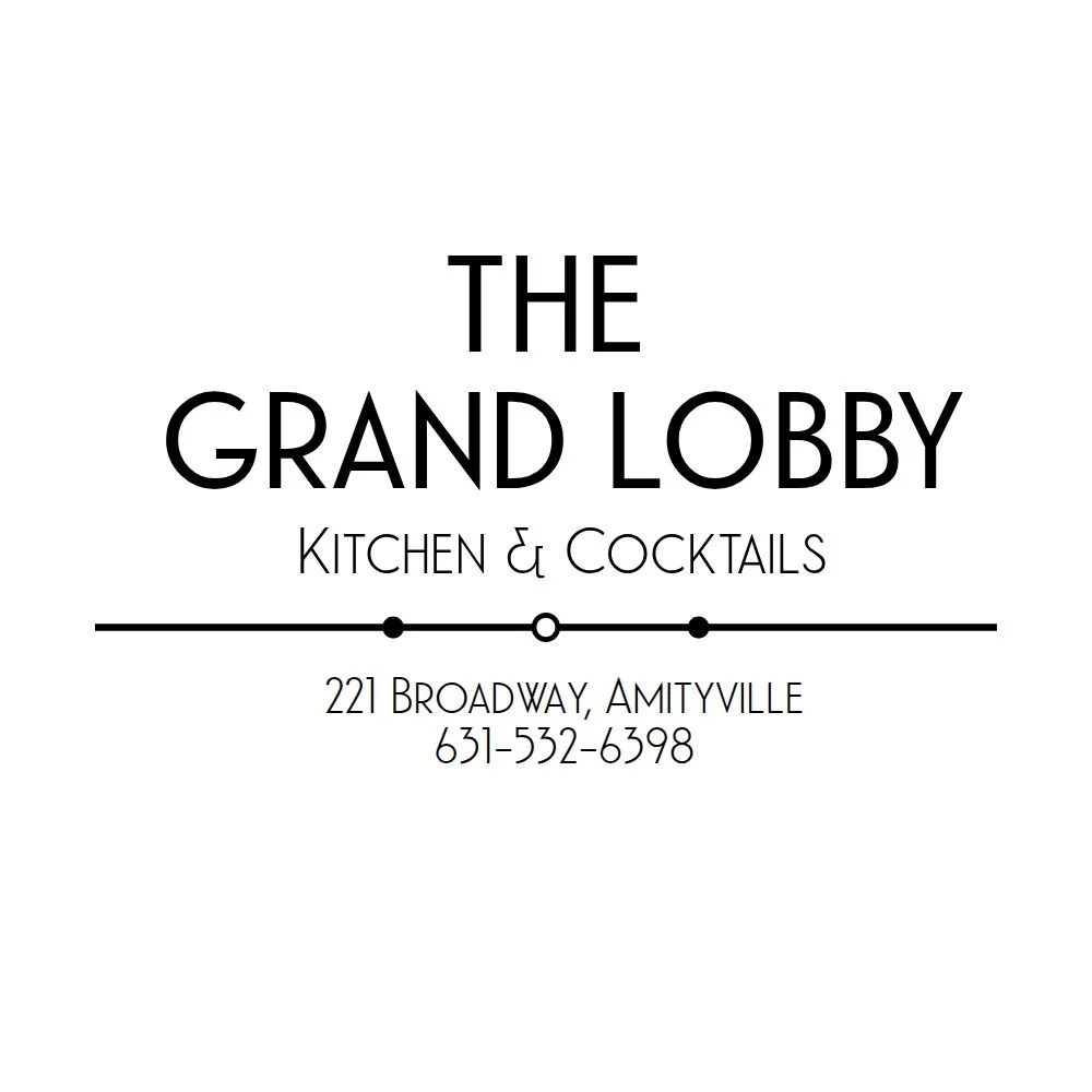 Logo and contact information for a restaurant named 'The Grand Lobby' offering kitchen and cocktails.