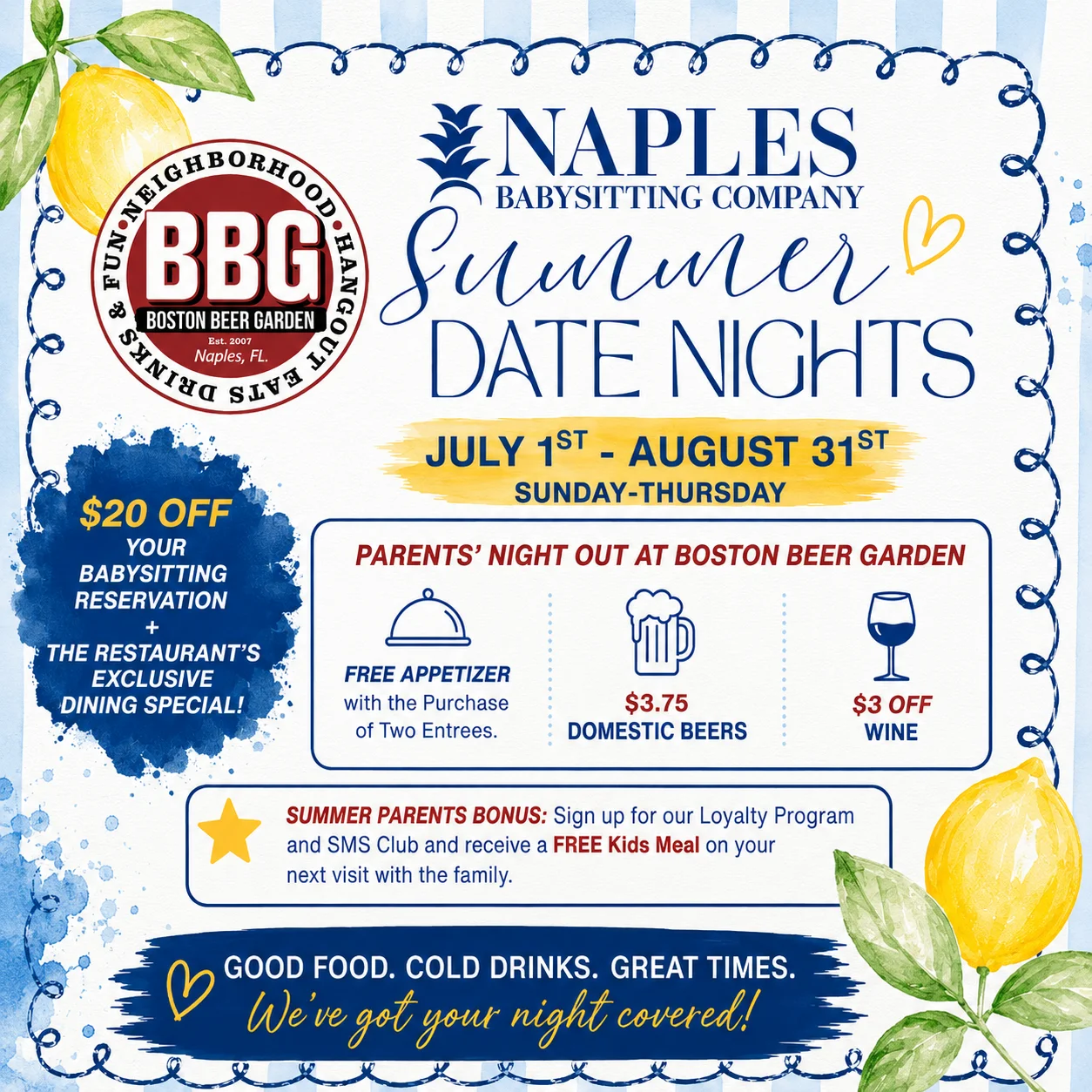 Promotional flyer for Summer Date Nights at Boston Beer Garden in Naples, FL