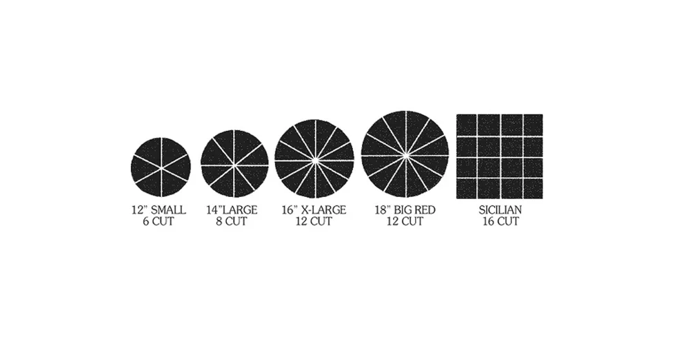 Pizza size guide with various cut styles