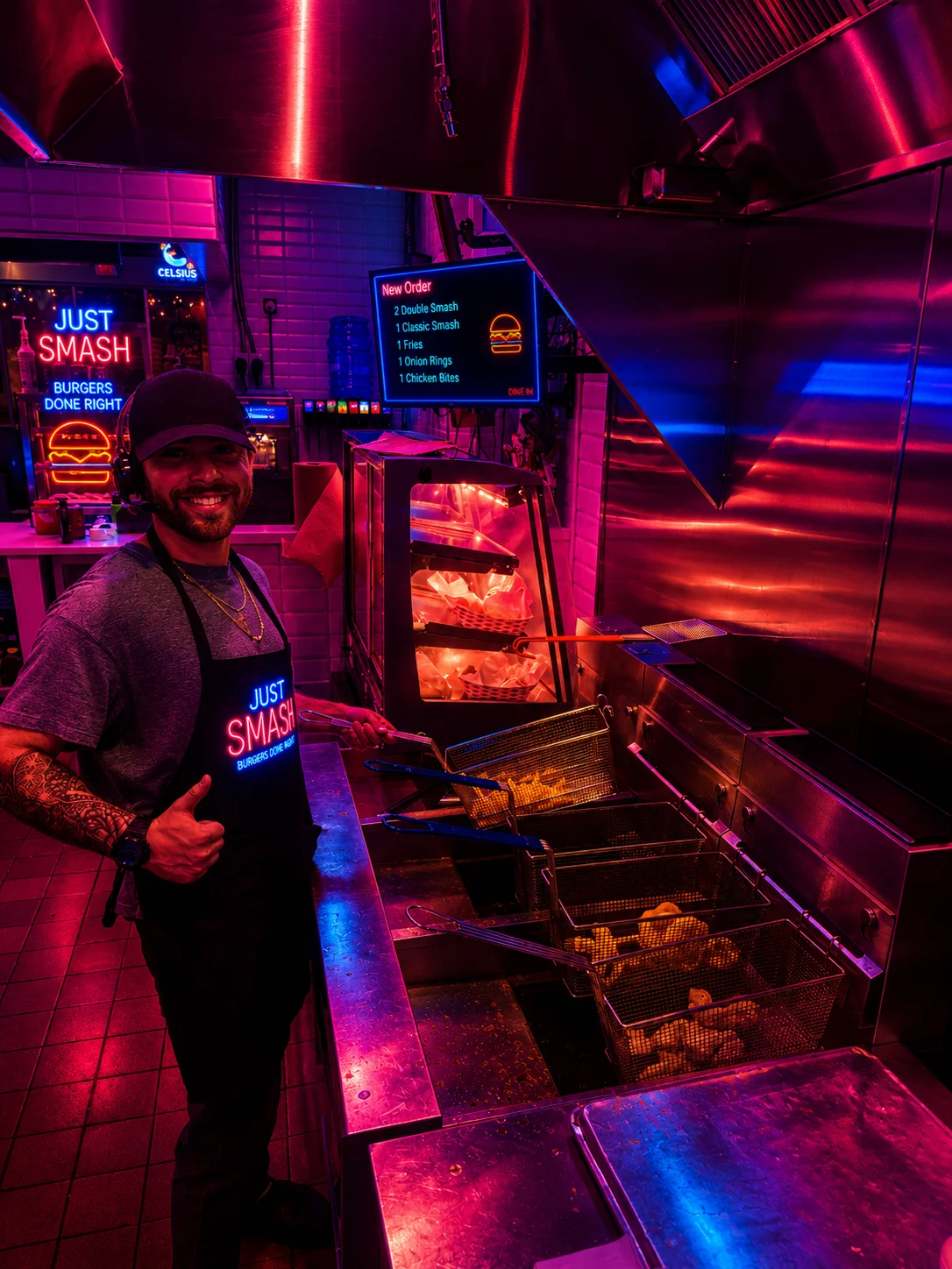 Chef preparing burgers in a vibrant kitchen