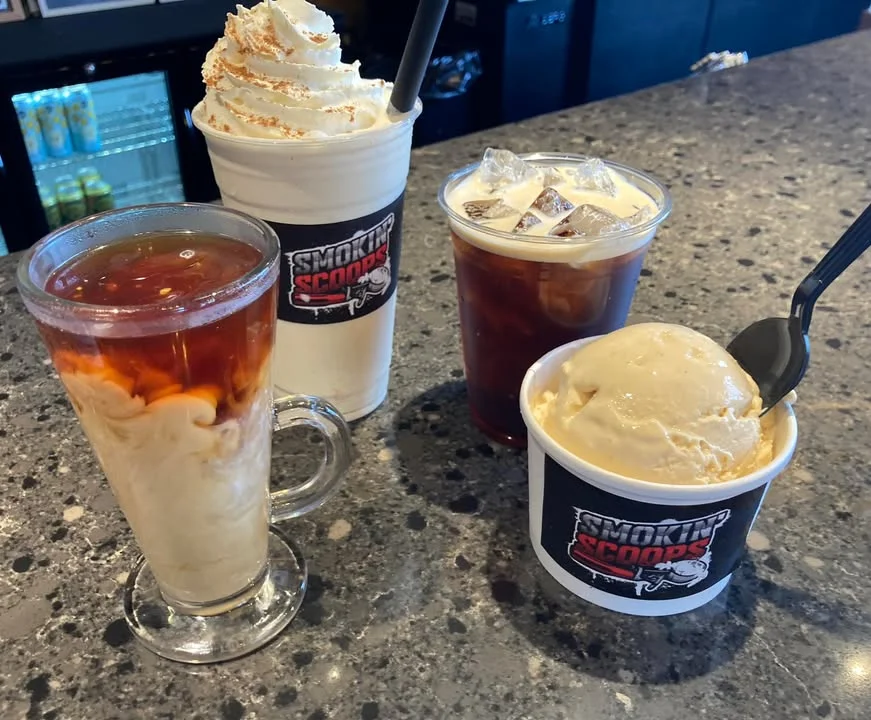 Assorted beverages and ice cream at a dessert shop