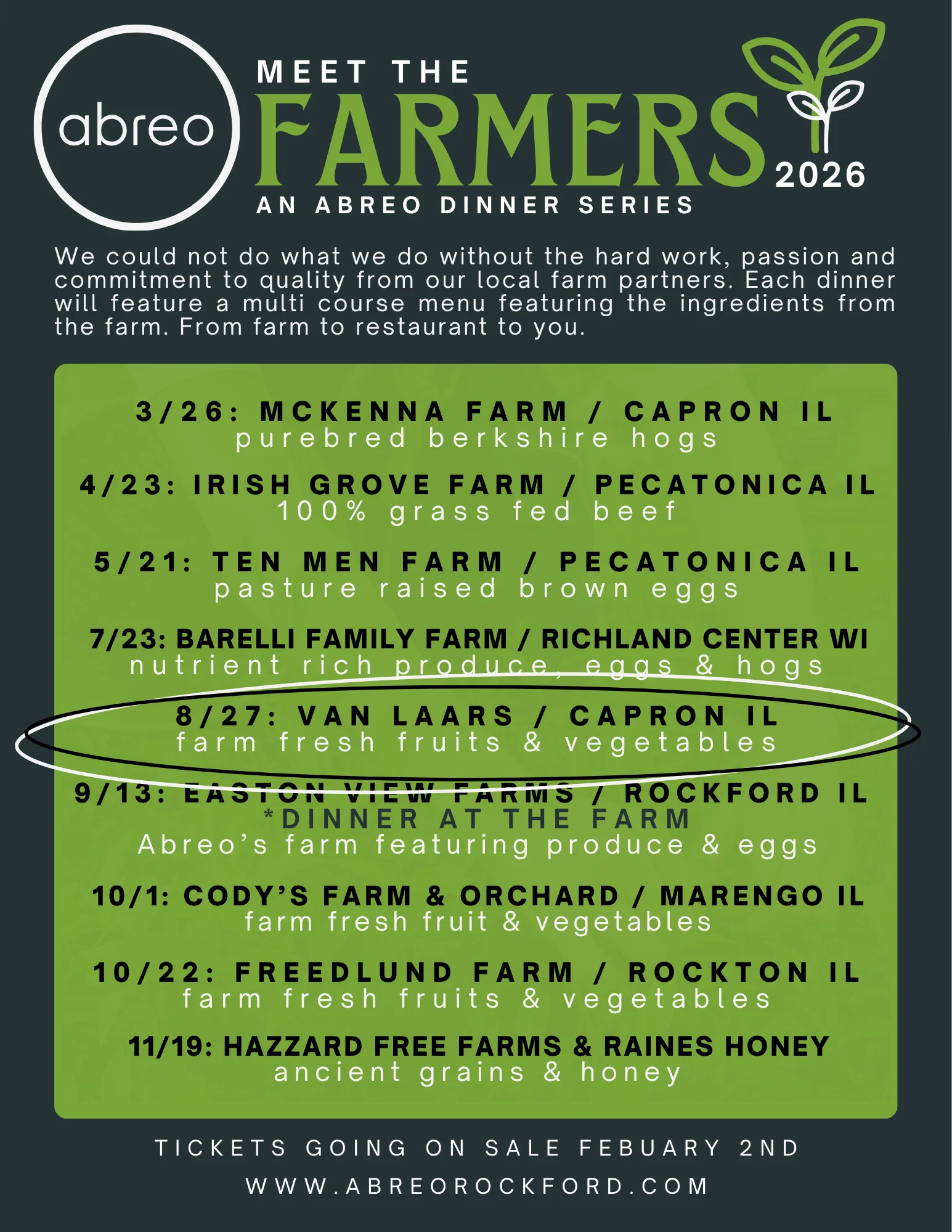 Promotional poster for Abreo's Meet the Farmers dinner series featuring chickens.