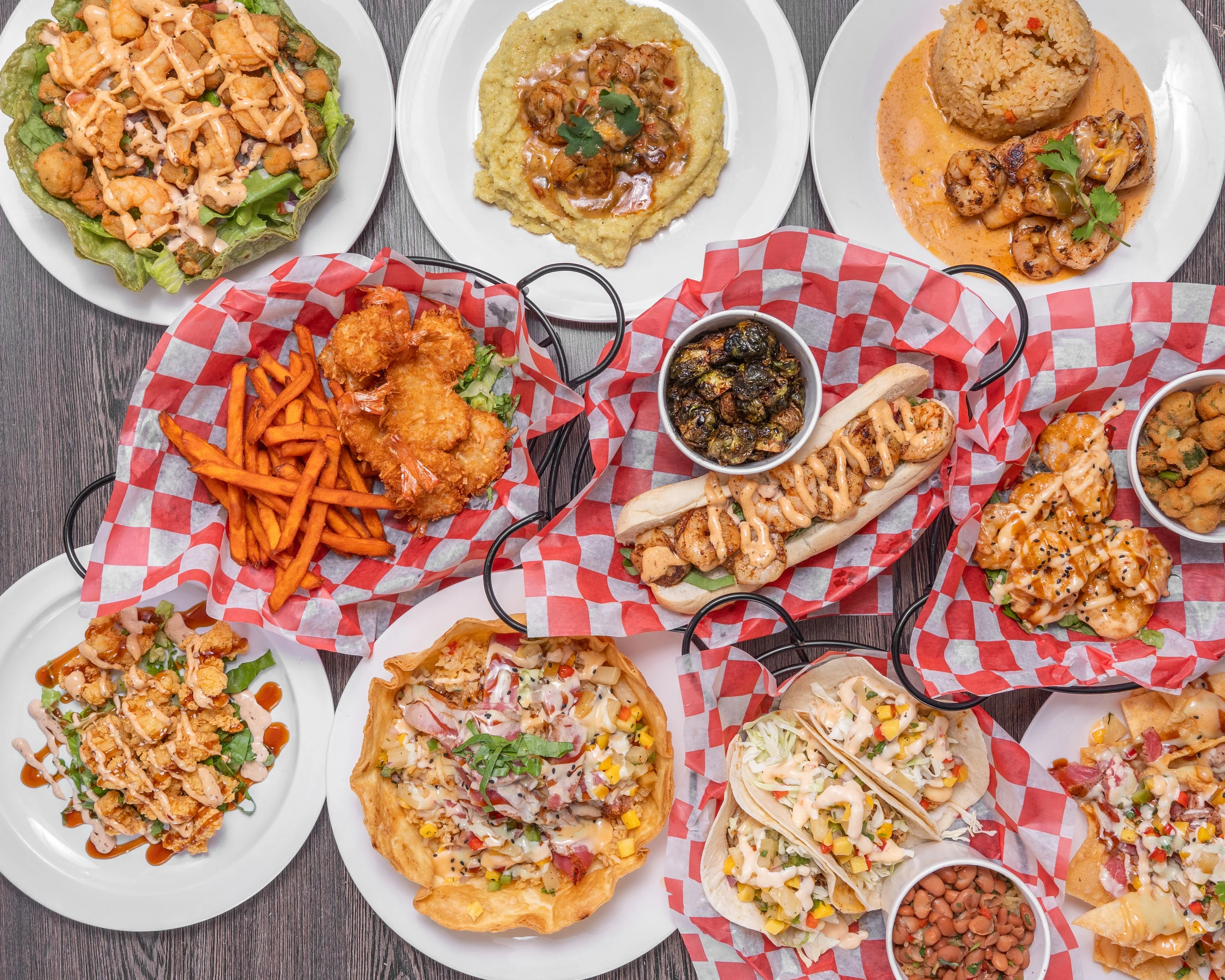 Variety of Southern-style dishes including shrimp and grits