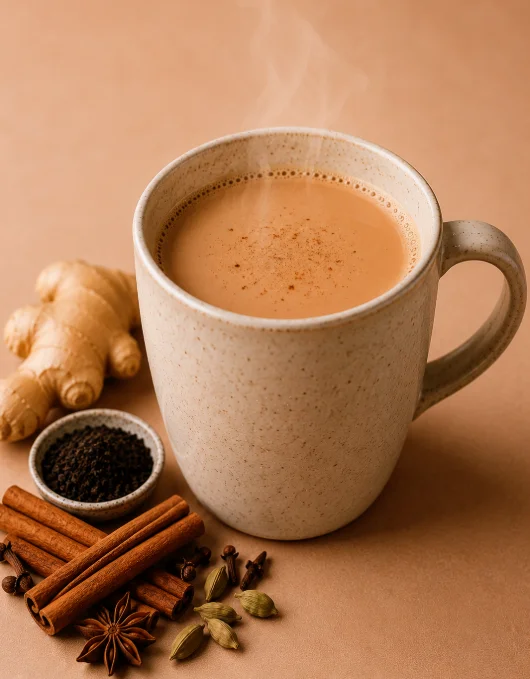 A mug of steaming chai decorated with spices like ginger, cardamom, and cinnamon, alongside loose tea leaves and whole spices on a brown background.