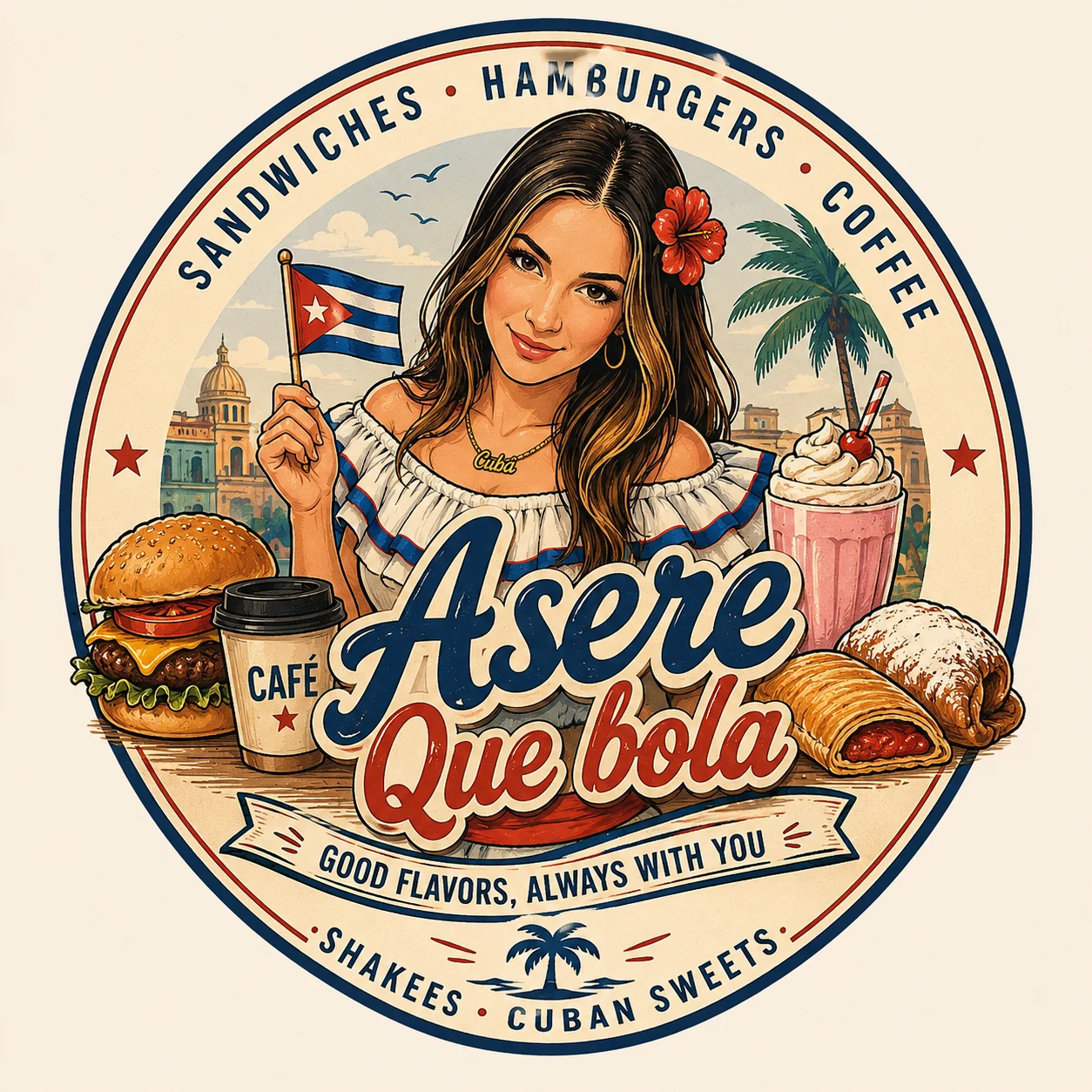 A colorful logo featuring a woman holding a Cuban flag, surrounded by food items such as sandwiches, coffee, and sweet treats, promoting the flavors of Cuba.