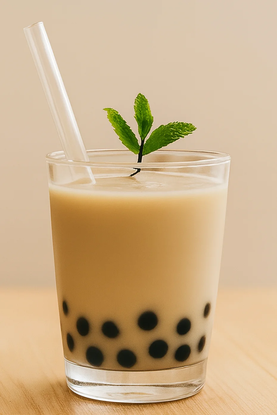 Iced bubble tea with tapioca pearls and mint garnish