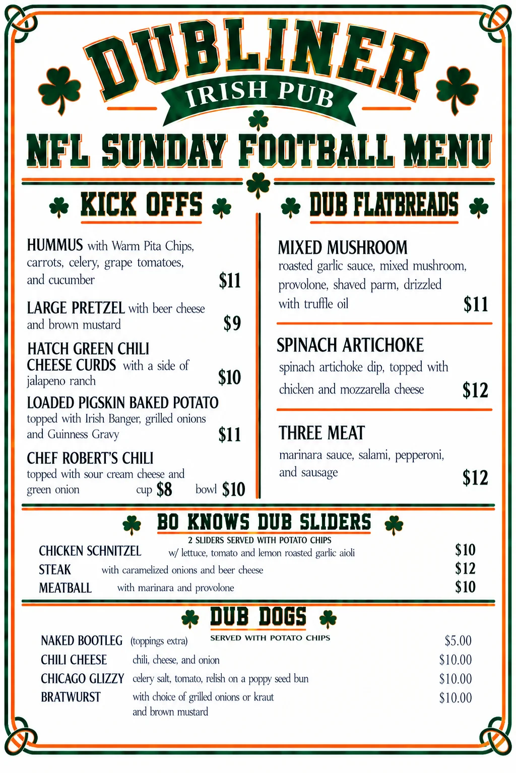 Irish pub happy hour menu with snacks and beverages