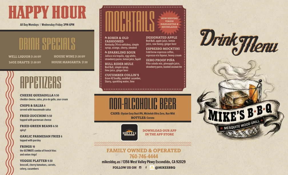 Drink menu featuring cocktails and appetizers at Mike's BBQ restaurant