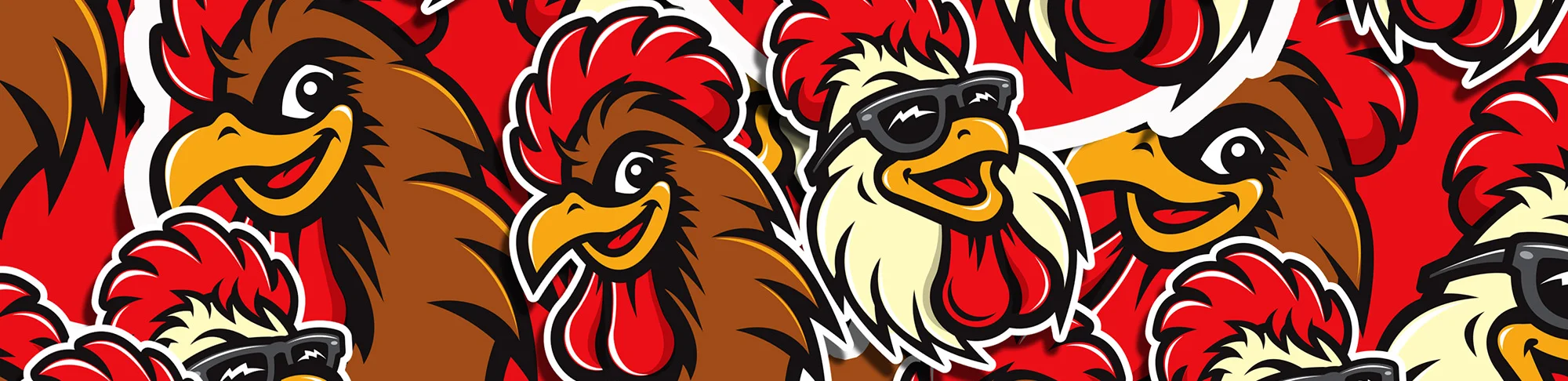 Colorful cartoon rooster pattern on a red background