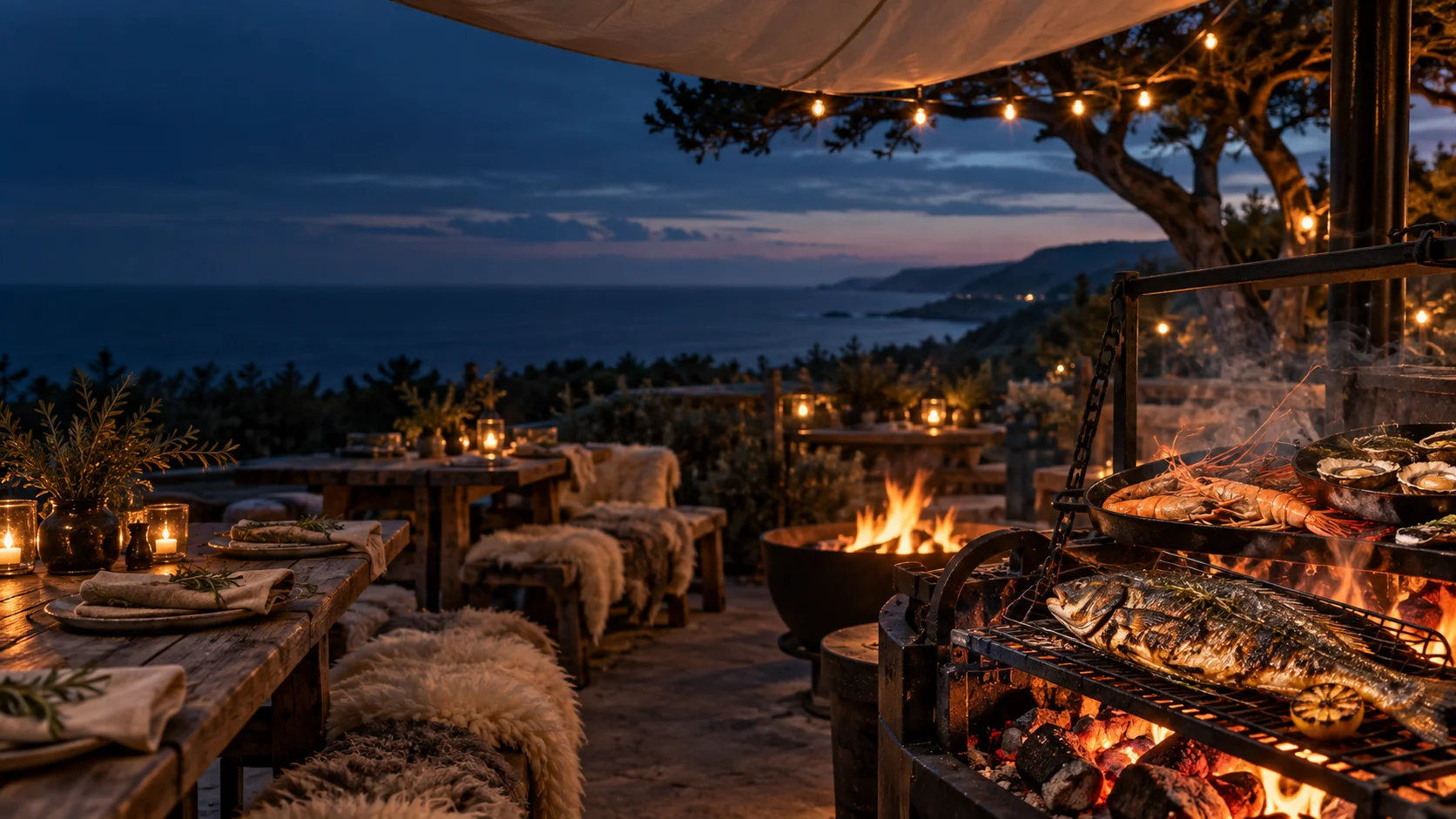 Cozy outdoor seafood grill with ocean view at dusk
