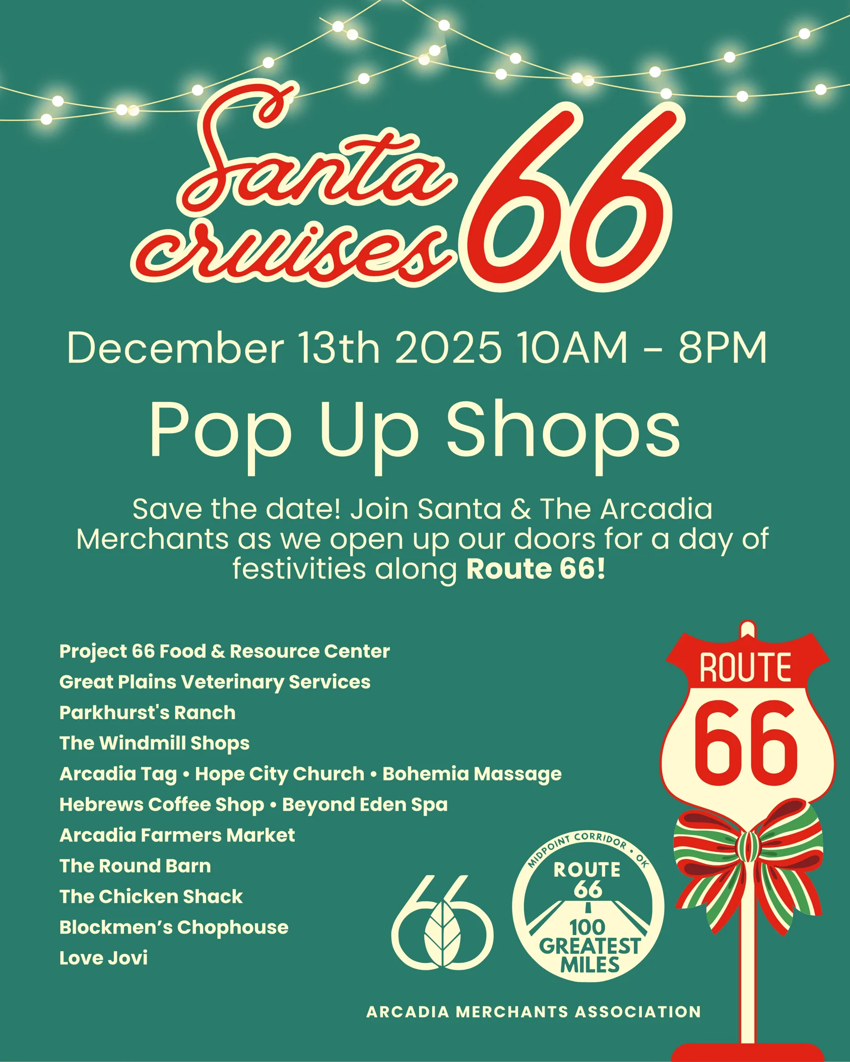Event poster for Santa Cruises 66 pop-up shops along Route 66