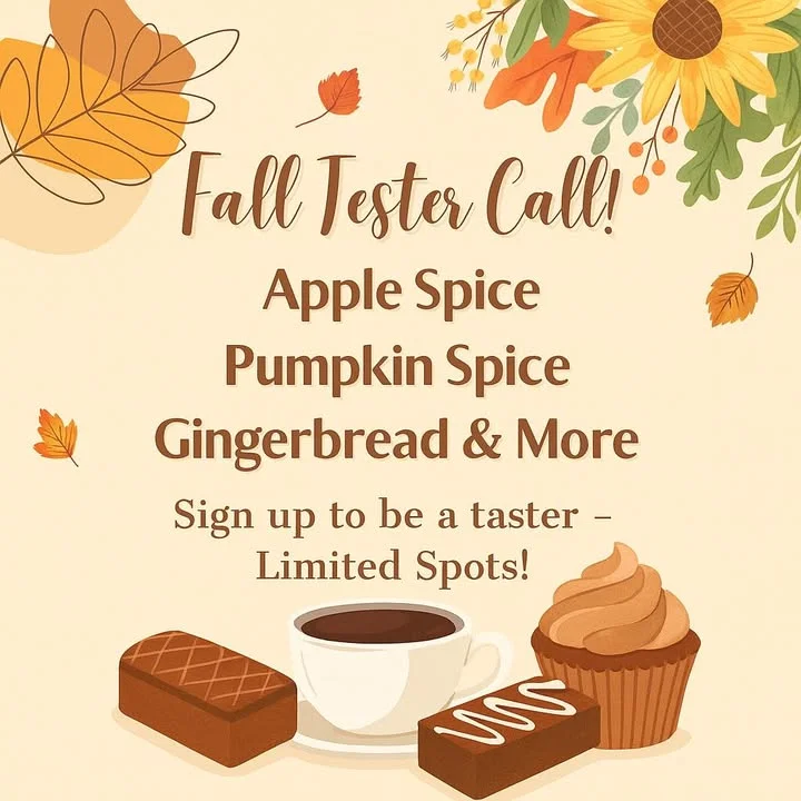 A promotional poster for a fall tasting event featuring apple spice, pumpkin spice, and gingerbread items alongside a cup of coffee, chocolate, and a cupcake.