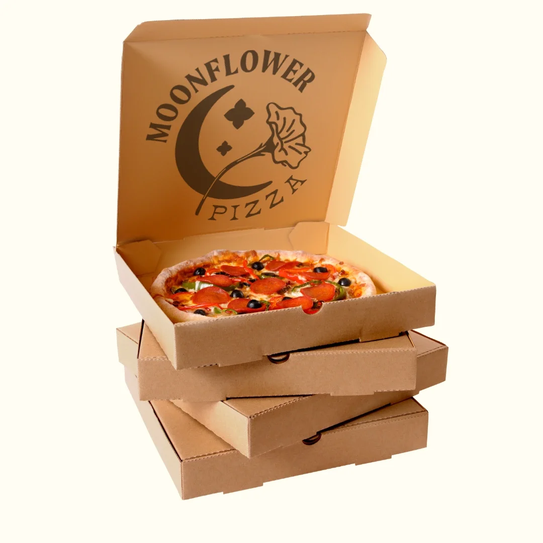 Pepperoni pizza in a branded takeout box