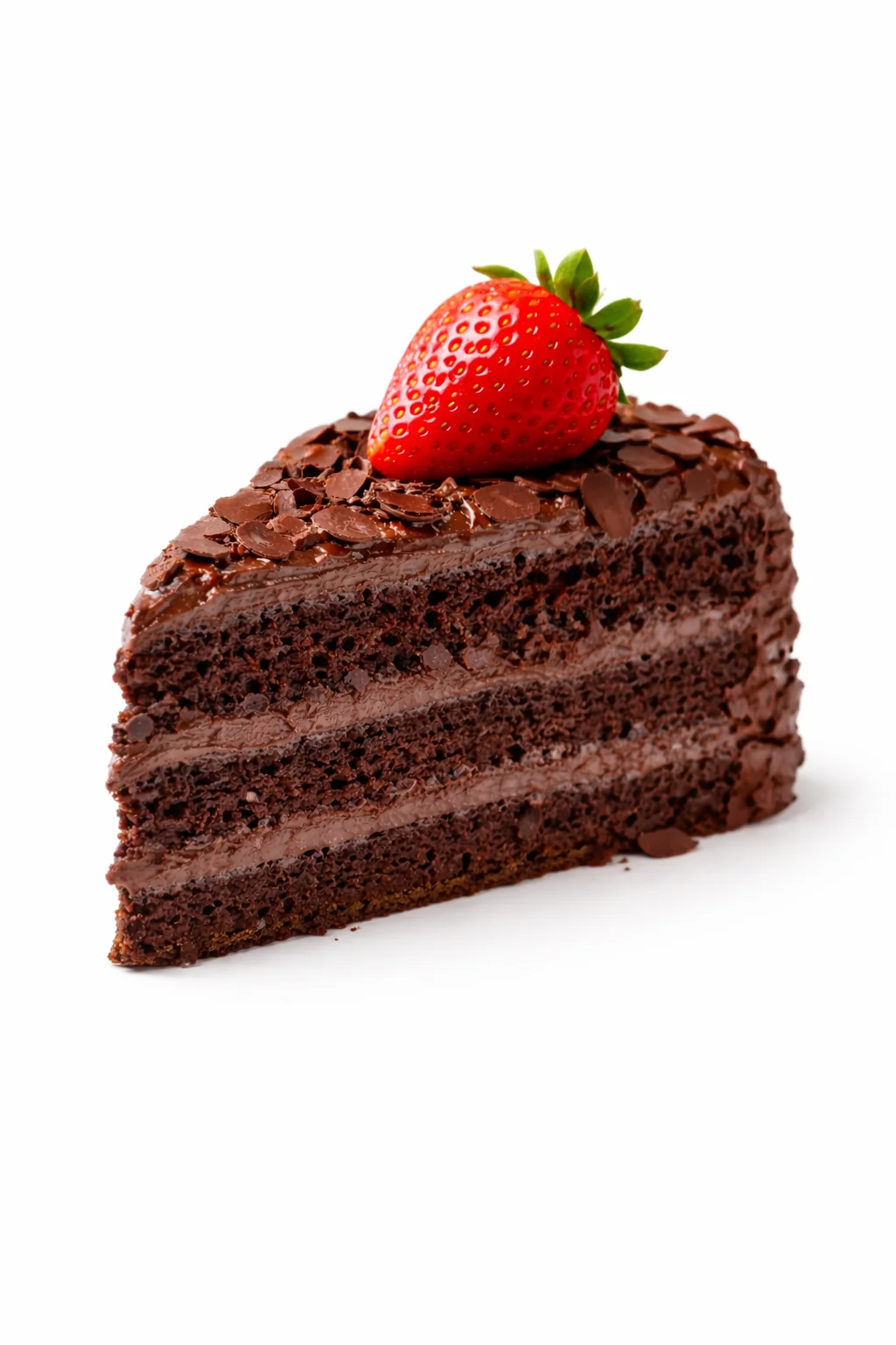 A decadent slice of chocolate cake layered with chocolate cream, garnished with a fresh strawberry on top.