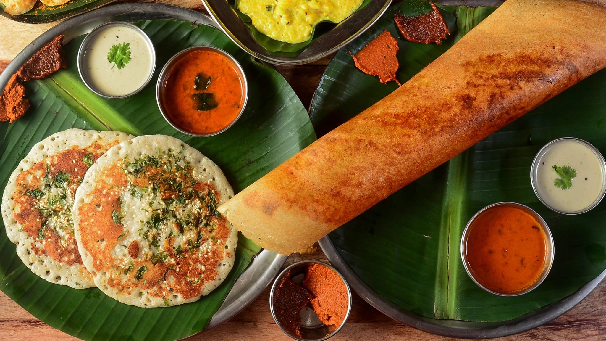 South Indian dosa served with chutneys and sambar