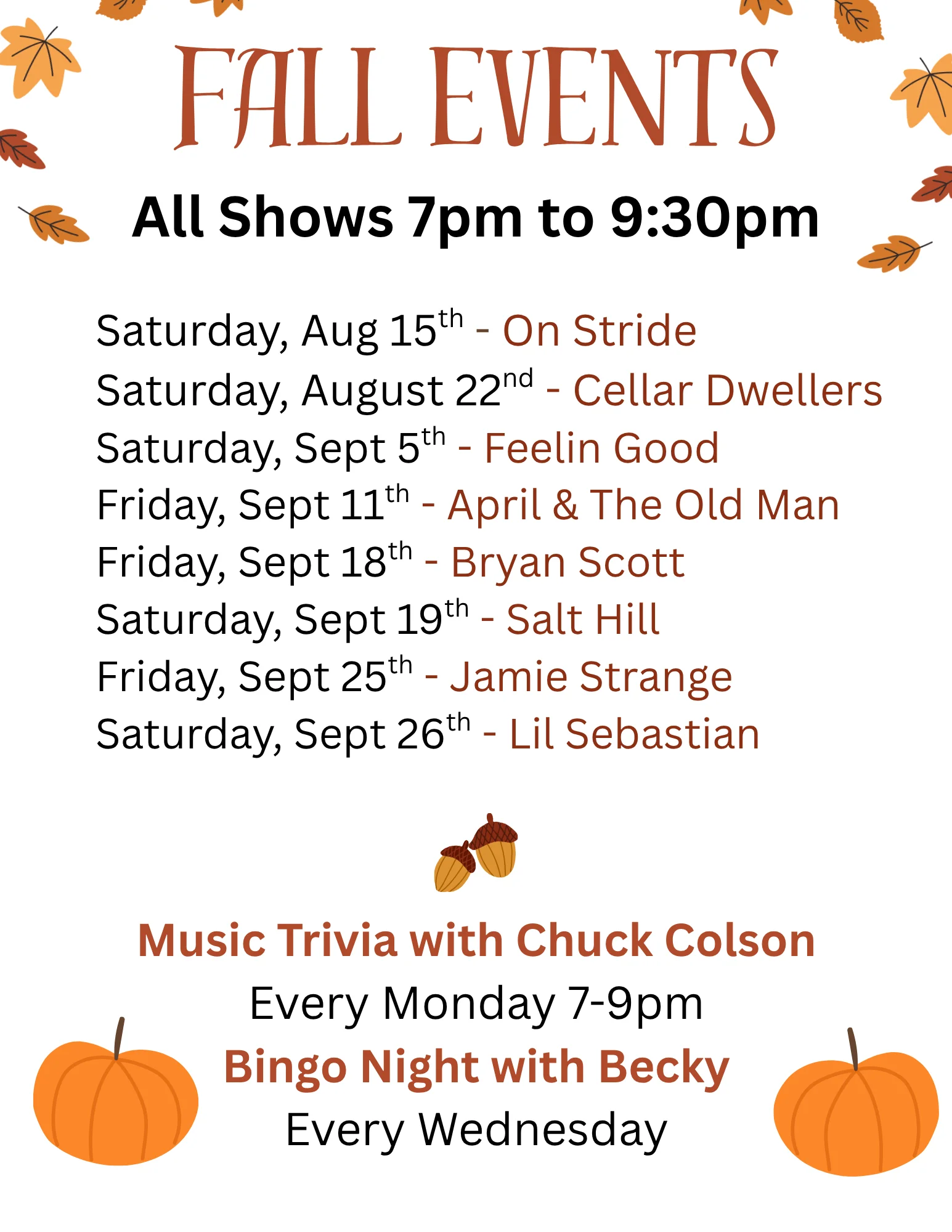 Summer events schedule with live music and trivia nights