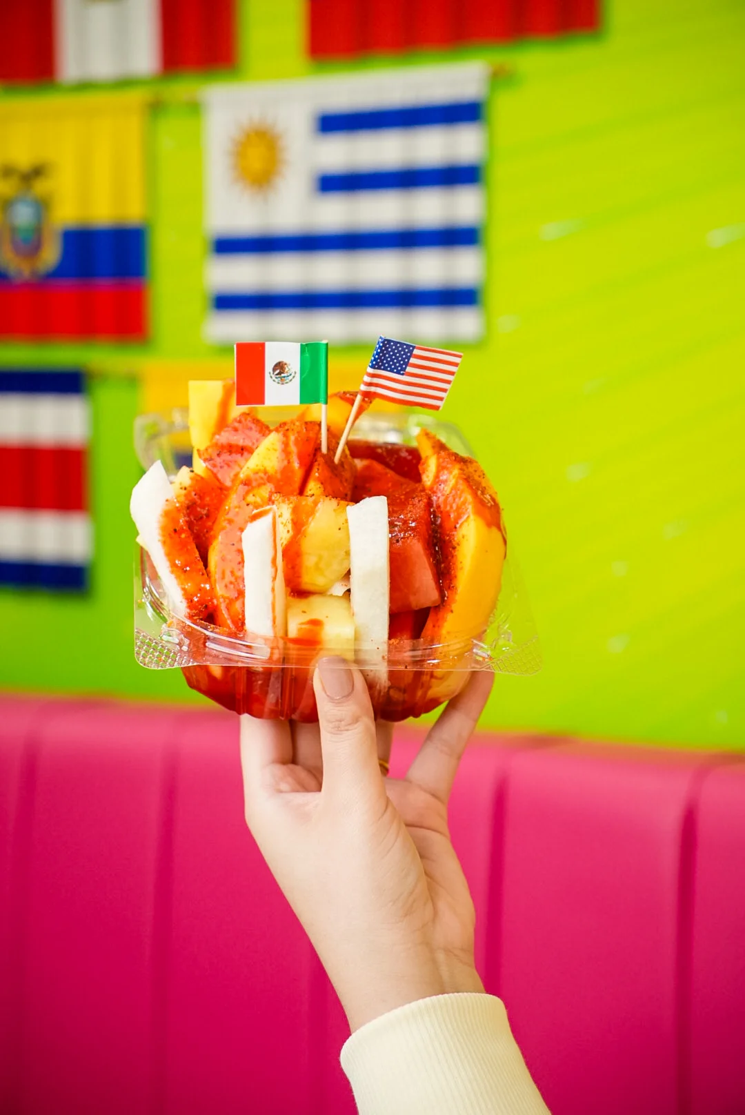 Colorful Mexican fruit cup with flags
