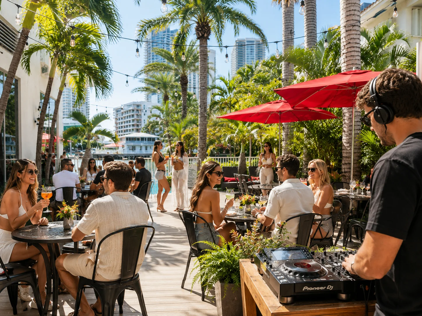 Outdoor dining scene with DJ and tropical ambiance