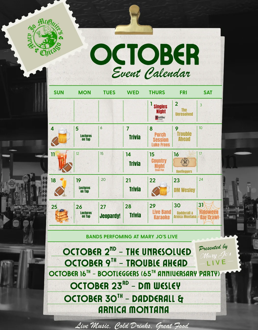 March calendar with restaurant events and promotions