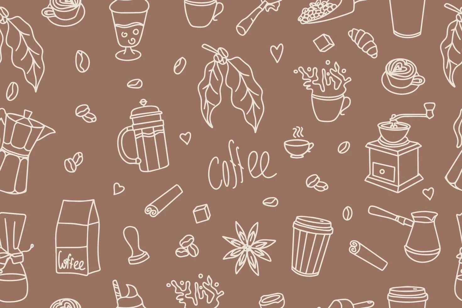 Coffee-themed illustration with various coffee-related items and designs