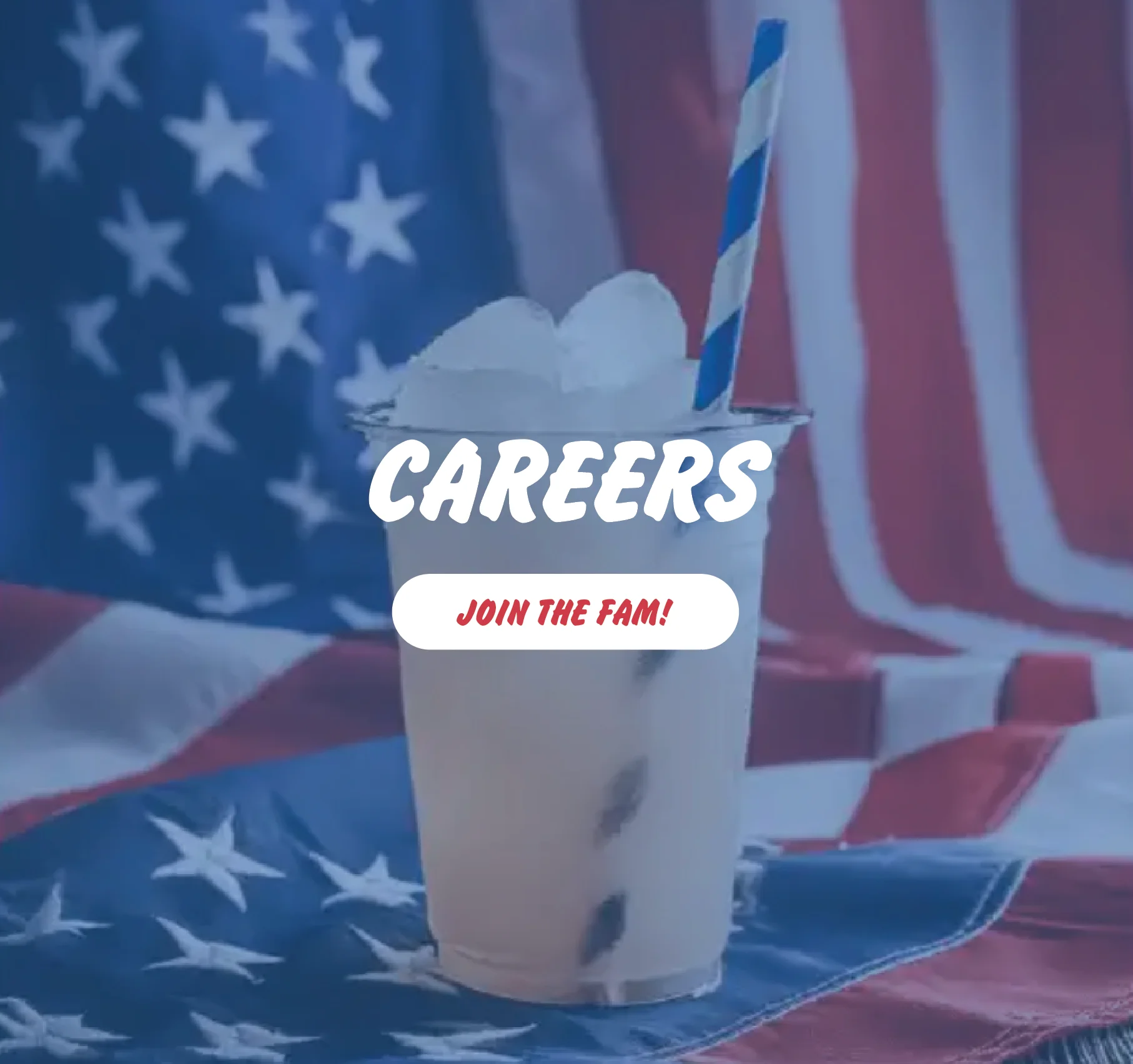 Refreshing beverage with ice against an American flag backdrop