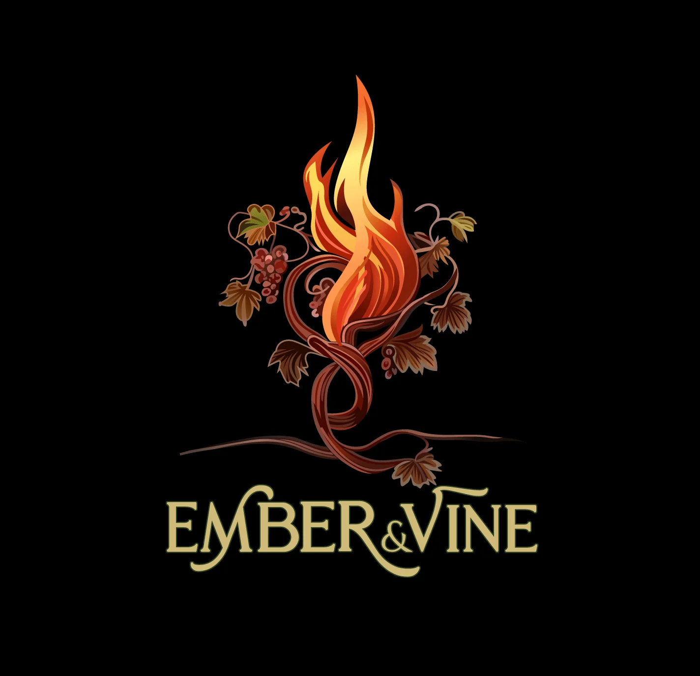 A stylized logo featuring a flame intertwined with grape vines, representing a brand named 'Ember & Vine'.