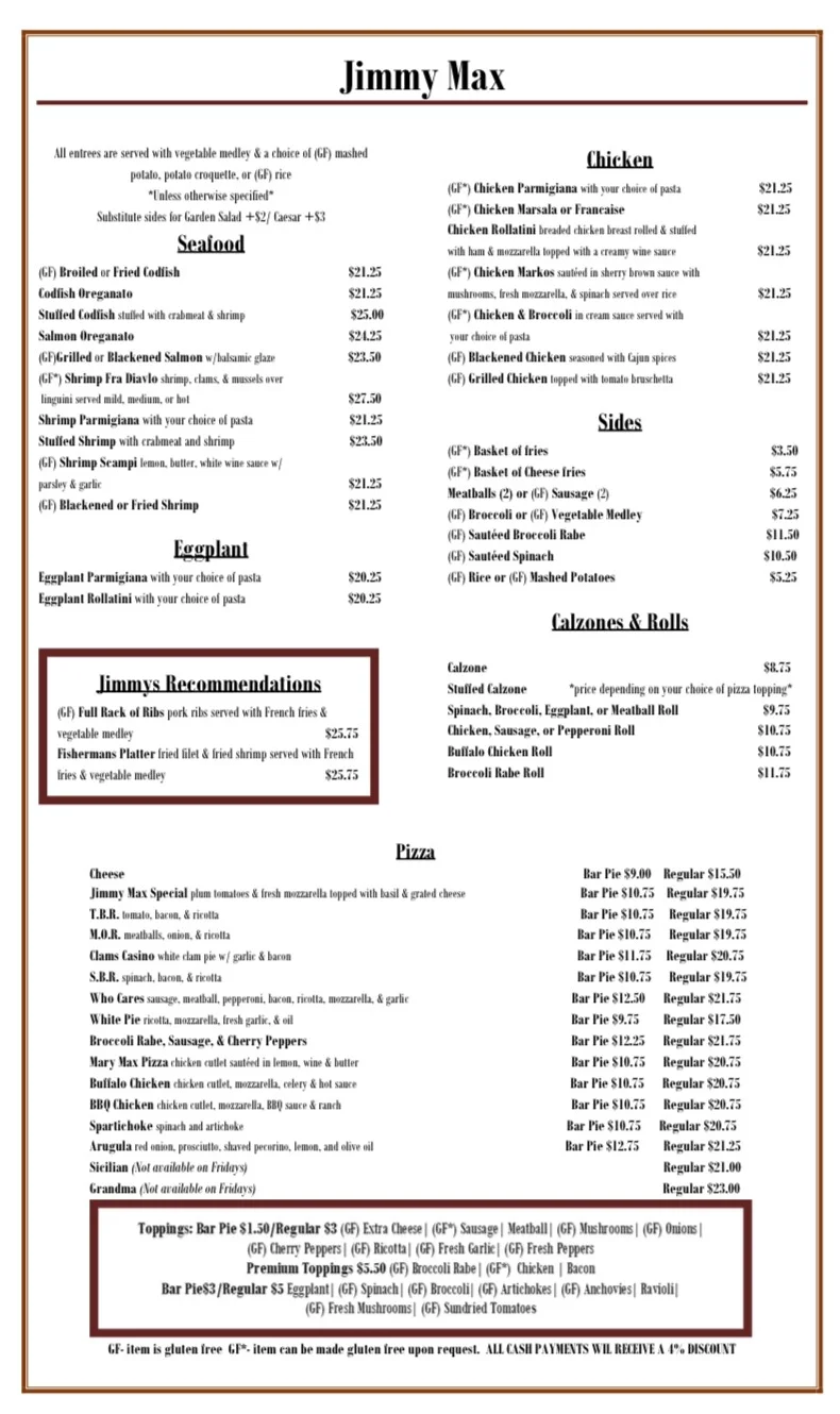 Jimmy Max A La Carte Menu with Prices